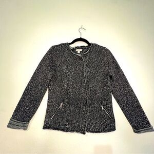 GAP tweed collarless zippered jacket w/2 zippered front pockets, Sz S. Preowned.